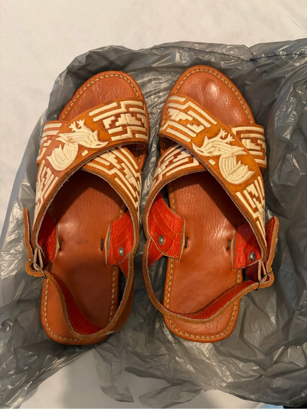 Mens Brown Leather Embroidered Slide Sandals